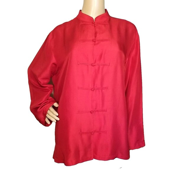 Vintage Clio 100% Silk Womens Red Asian Style Long Sleeve Blouse Sz Large    T56 - Picture 1 of 8